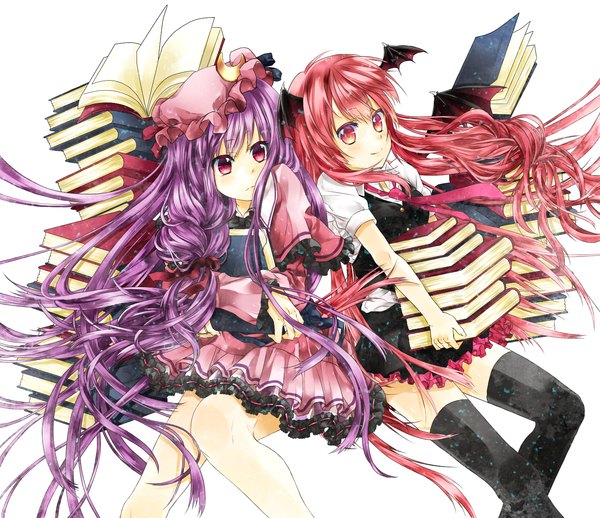 Anime picture 1480x1279 with touhou patchouli knowledge koakuma kujaku renka (artist) long hair red eyes multiple girls purple hair red hair head wings girl thighhighs dress black thighhighs 2 girls wings book (books) bonnet