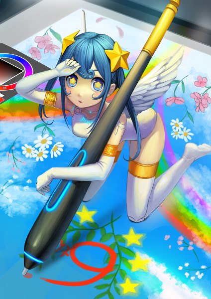 Anime picture 848x1200 with original pixiv-tan tokunaga3046 single long hair tall image looking at viewer blush open mouth blue eyes sitting twintails blue hair sky light smile from above kneeling symbol-shaped pupils minigirl writing