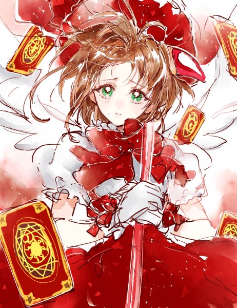 Anime picture 924x1200 with card captor sakura clamp kinomoto sakura ahma single tall image looking at viewer short hair brown hair green eyes upper body tears white wings messy hair girl gloves hat wings white gloves staff