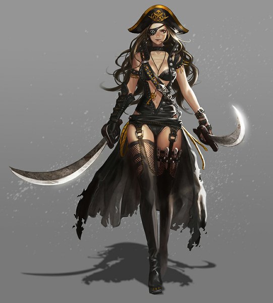 Anime picture 901x1000 with original days (artist) single long hair tall image light erotic black hair brown eyes grey background pantyshot pirate girl underwear panties weapon hat sword boots thigh boots eyepatch