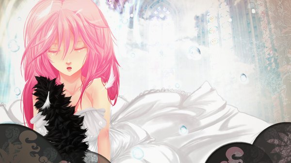 Anime picture 1920x1080 with guilty crown production i.g yuzuriha inori single long hair highres open mouth wide image pink hair eyes closed girl dress feather (feathers) bubble (bubbles)