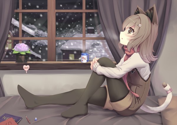 Anime picture 1600x1129 with original sonikey0 0 single short hair sitting animal ears indoors tail animal tail profile grey hair cat ears cat girl cat tail snowing winter snow girl flower (flowers) pantyhose