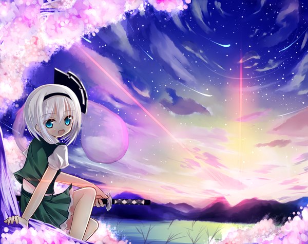 Anime picture 1200x950 with touhou konpaku youmu amaretto-no-natsu short hair open mouth blue eyes sitting sky cloud (clouds) white hair loli evening sunset mountain ghost girl skirt weapon plant (plants) miniskirt