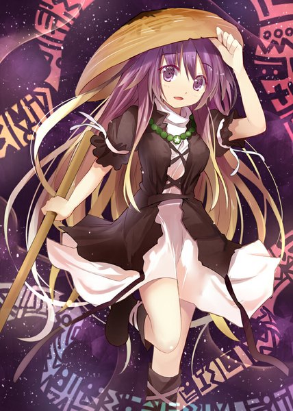 Anime picture 750x1050 with touhou hijiri byakuren efe single long hair tall image looking at viewer open mouth purple eyes multicolored hair two-tone hair girl dress hat boots beads sorcerer's sutra scroll