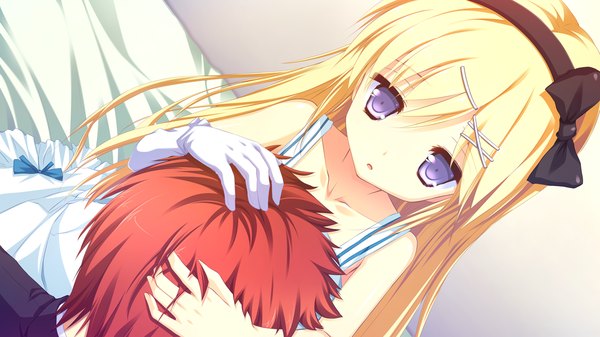 Anime picture 1280x720 with naka no hito nado inai amamoto rui nimura yuuji long hair short hair blonde hair wide image purple eyes game cg red hair girl boy hair ornament bow hairband hairclip sundress single glove