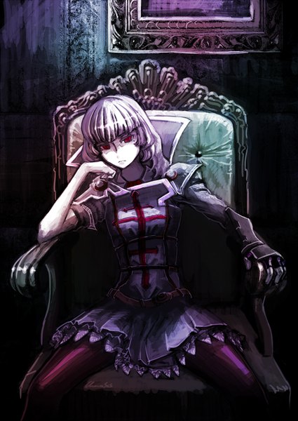 Anime picture 1062x1500 with original chevasis (artist) single long hair tall image looking at viewer fringe red eyes sitting silver hair hand on chest girl dress gloves pantyhose armor chair