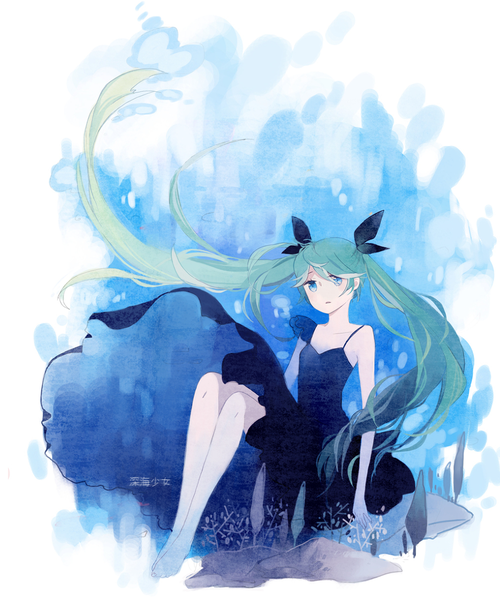 Anime picture 1000x1200 with vocaloid shinkai shoujo (vocaloid) hatsune miku kyang692 single long hair tall image looking at viewer blush open mouth blue eyes twintails bare shoulders green hair underwater girl dress ribbon (ribbons) hair ribbon black dress