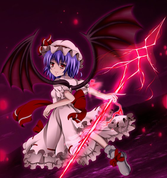 Anime picture 1205x1280 with touhou remilia scarlet uduki kotone (artist) single tall image short hair red eyes purple hair looking back magic demon wings lightning girl dress wings spear the gungnir