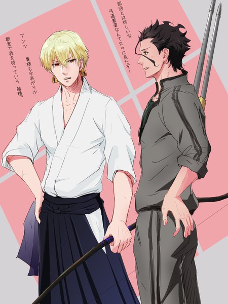 Anime picture 600x800 with fate (series) fate/zero gilgamesh (fate) diarmuid ua duibhne (lancer) (fate) saryo tall image fringe short hair black hair blonde hair hair between eyes red eyes looking away traditional clothes japanese clothes profile multiple boys hand on hip text talking