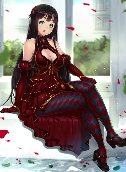 Anime picture 958x1300 with original houtengeki single long hair tall image looking at viewer open mouth black hair bare shoulders green eyes cleavage crossed legs girl dress gloves hair ornament petals pantyhose elbow gloves window