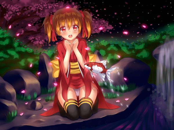 Anime picture 1200x900 with sword art online a-1 pictures silica nottytiffy single blush short hair open mouth light erotic red eyes twintails bent knee (knees) traditional clothes japanese clothes orange hair night pantyshot night sky kneeling cherry blossoms