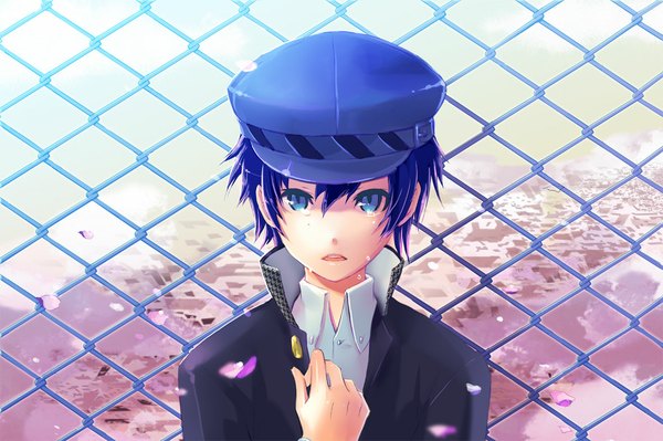 Anime picture 1181x787 with persona 4 shirogane naoto gin (oyoyo) short hair open mouth blue eyes blue hair tears crying girl petals choker peaked cap