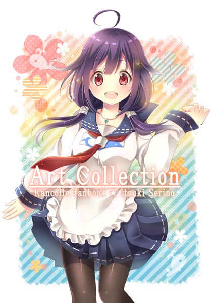 Anime picture 1410x2003 with kantai collection taigei light aircraft carrier serino itsuki single long hair tall image looking at viewer blush open mouth smile red eyes white background twintails purple hair ahoge teeth low twintails girl skirt uniform