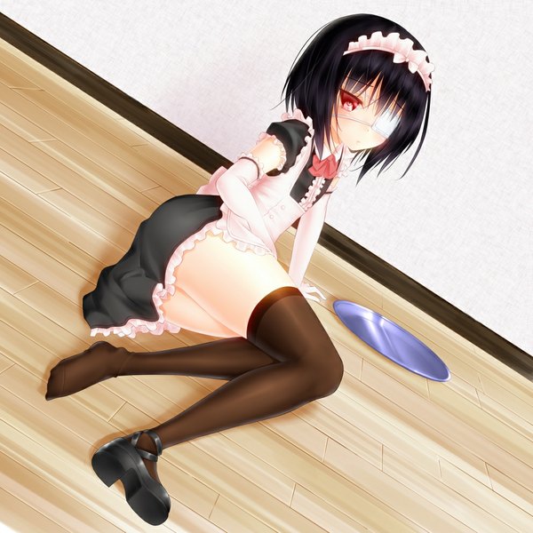 Anime picture 992x992 with another p.a. works misaki mei noppi (noppi 98) single looking at viewer blush short hair light erotic black hair red eyes full body maid girl thighhighs gloves uniform black thighhighs elbow gloves eyepatch
