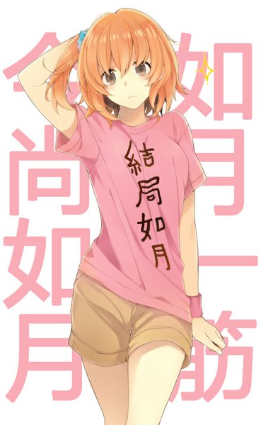 Anime picture 570x926 with kagerou project shaft (studio) kisaragi momo ocha_(hutuumikan) single tall image looking at viewer fringe short hair breasts blonde hair purple eyes one side up walking clothes writing girl shorts t-shirt