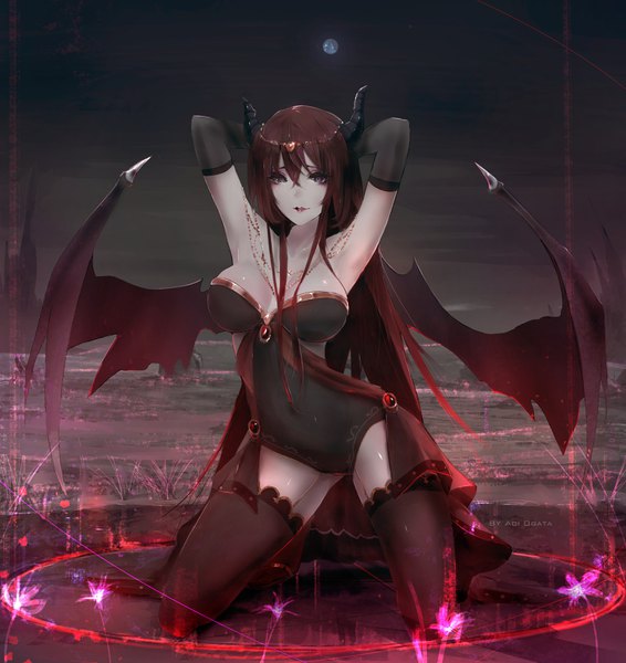 Anime picture 3408x3615 with original aoi ogata single long hair tall image looking at viewer fringe highres breasts open mouth light erotic hair between eyes brown hair large breasts signed absurdres horn (horns) black eyes night arms up