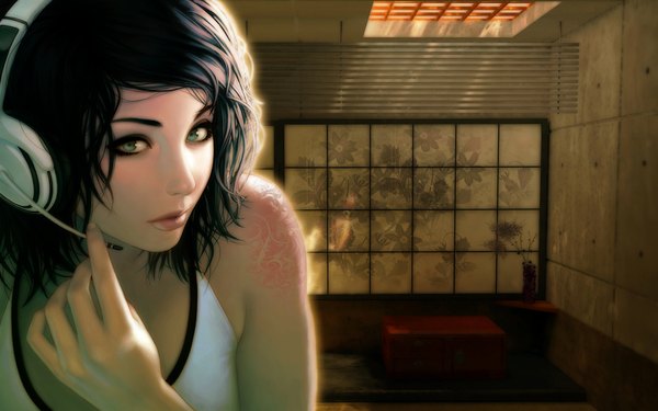 Anime picture 1680x1050 with warrenlouw highres short hair black hair wide image bare shoulders aqua eyes lips realistic tattoo wallpaper headphones microphone headset