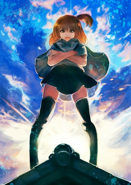 Anime picture 800x1132 with original mizukei single long hair tall image open mouth brown hair brown eyes sky cloud (clouds) ponytail sunlight side ponytail crossed arms girl thighhighs skirt uniform black thighhighs serafuku