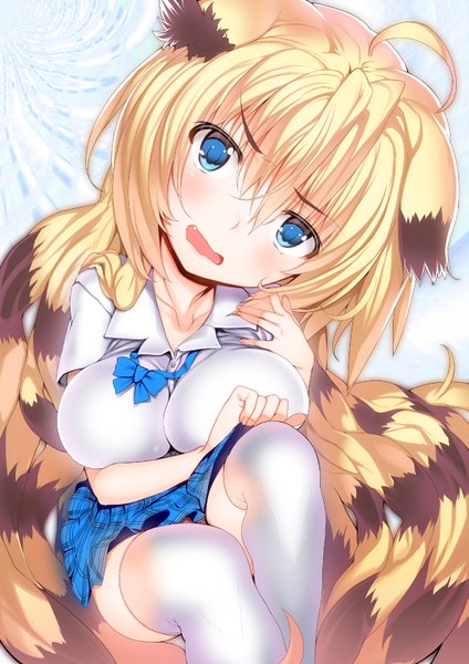Anime picture 1131x1600 with original char single tall image blush short hair breasts open mouth blue eyes light erotic blonde hair large breasts animal ears tail animal tail girl thighhighs skirt miniskirt shirt