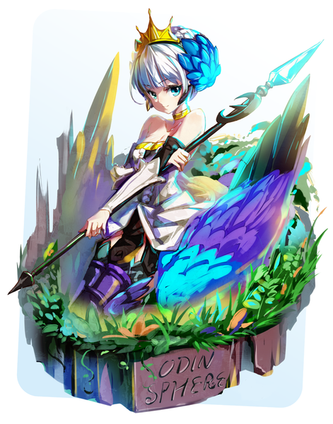 Anime picture 628x800 with odin sphere vanillaware gwendolyn hong (white spider) single tall image looking at viewer fringe short hair blue eyes smile bare shoulders white hair girl weapon plant (plants) detached sleeves wings choker grass