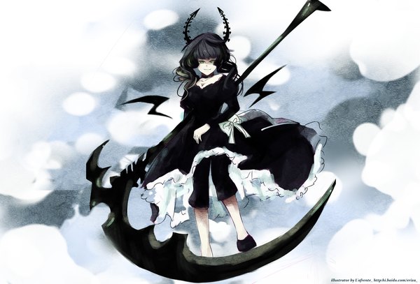 Anime picture 2916x1981 with black rock shooter dead master single long hair fringe highres smile green eyes horn (horns) drill hair bat wings girl dress bow scythe