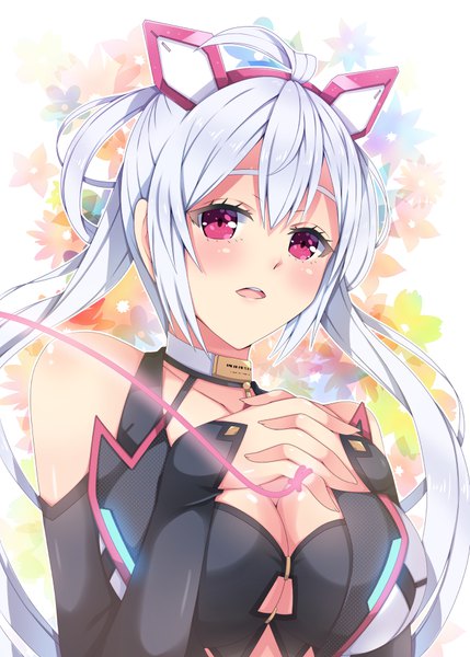 Anime picture 715x1000 with phantasy star phantasy star online 2 sega matoi (pso2) milkpanda single long hair tall image looking at viewer blush breasts open mouth red eyes bare shoulders silver hair ahoge girl hair ornament thread red thread