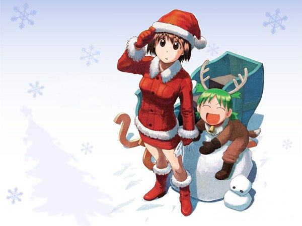 Anime picture 1024x768 with yotsubato koiwai yotsuba ayase fuuka azuma kiyohiko fur trim christmas fur santa claus hat