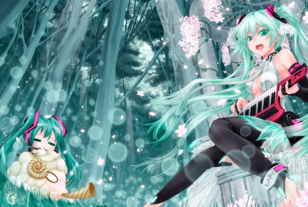 Anime picture 1920x1295 with vocaloid pixiv vocaloid append hatsune miku hatsune miku (append) hachune miku tsukineko long hair blush highres sitting twintails bare shoulders barefoot aqua eyes cherry blossoms alternate hairstyle chibi nature girl