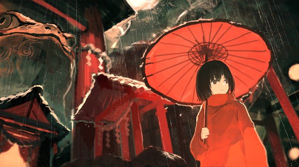 Anime picture 840x473 with original kitsune (kazenouta) single short hair black hair wide image looking away black eyes rain scenic architecture east asian architecture girl scarf building (buildings) umbrella hoodie oriental umbrella red scarf torii