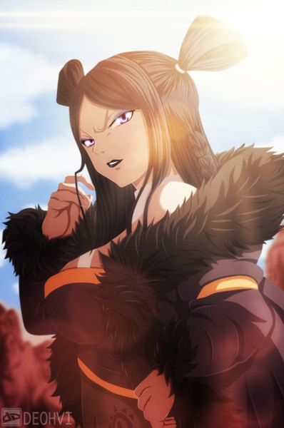 Anime picture 1712x2577 with fairy tail minerva orlando deohvi single long hair tall image highres breasts black hair large breasts sky cloud (clouds) pink eyes sunlight lipstick coloring girl fur