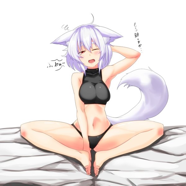 Anime picture 2000x2000 with touhou inubashiri momiji karaage (ta-na) single looking at viewer blush highres short hair breasts light erotic simple background red eyes white background sitting bare shoulders animal ears ahoge white hair tail animal tail