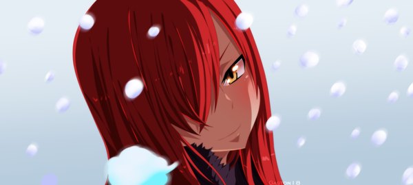 Anime picture 1152x519 with fairy tail erza scarlet tongasart single long hair blush fringe smile wide image yellow eyes red hair hair over one eye coloring snowing winter close-up face girl fur