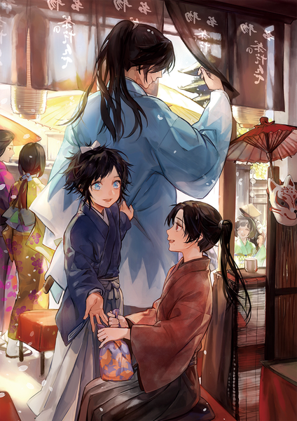 Anime picture 1000x1415 with touken ranbu hakuouki shinsengumi kitan studio deen nitroplus kashuu kiyomitsu yamato no kami yasusada okita souji (touken ranbu) noir (ibaraki) long hair tall image open mouth blue eyes black hair smile red eyes brown hair sitting multiple girls ponytail traditional clothes