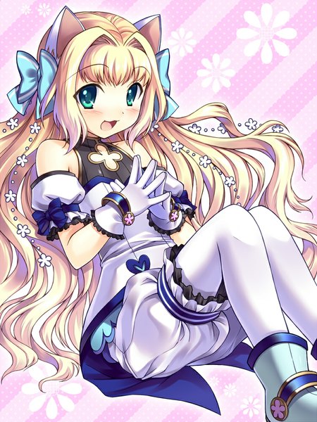 Anime picture 750x1000 with original bucchake (asami) single long hair tall image looking at viewer blush open mouth blue eyes blonde hair animal ears cat ears girl dress gloves bow hair bow