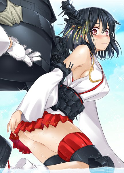 Anime picture 719x1000 with kantai collection yamashiro battleship sumeragi hamao single tall image looking at viewer blush short hair light erotic black hair red eyes traditional clothes girl skirt hair ornament miniskirt