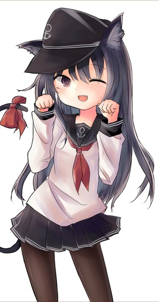 Anime picture 590x1122 with kantai collection akatsuki destroyer re rally single long hair tall image blush fringe open mouth black hair simple background smile standing white background purple eyes animal ears looking away tail :d animal tail