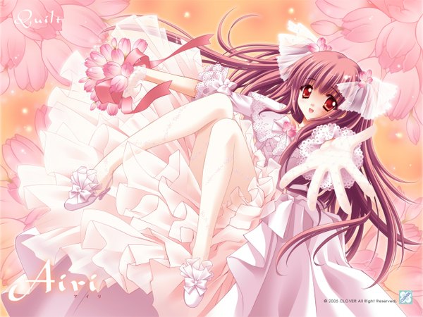 Anime picture 1280x960 with quilt (game) carnelian long hair smile red eyes brown hair dress flower (flowers) wedding dress bride clover (plant)