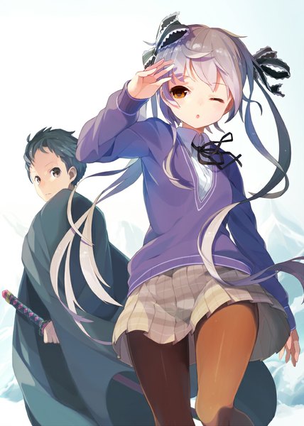 Anime picture 731x1024 with original tomioka jirou long hair tall image short hair black hair white background twintails brown eyes one eye closed wink grey hair girl boy skirt bow ribbon (ribbons) weapon hair bow hair ribbon