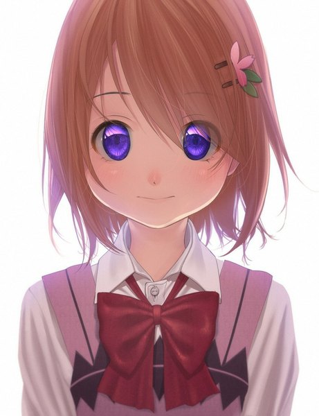 Anime picture 846x1100 with gochuumon wa usagi desu ka? white fox hoto cocoa revolmxd single tall image looking at viewer blush short hair simple background smile brown hair white background purple eyes girl hair ornament hairclip bowtie rabbit house uniform