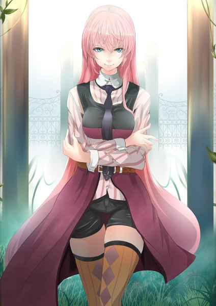 Anime picture 1000x1414 with vocaloid megurine luka endou (zettai bluenoid) single long hair tall image looking at viewer fringe blue eyes smile pink hair zettai ryouiki underboob girl thighhighs plant (plants) necktie shorts grass fence