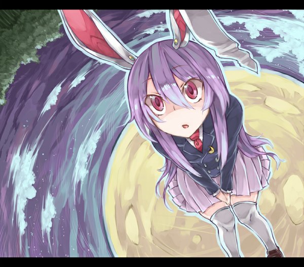 Anime picture 800x702 with touhou reisen udongein inaba akagashi hagane single long hair open mouth sitting animal ears purple hair pink eyes from above bunny ears looking up girl thighhighs white thighhighs moon full moon