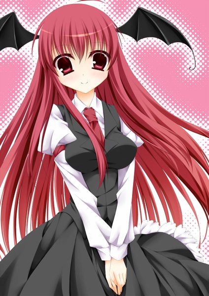 Anime picture 1240x1754 with touhou koakuma shisui (kachoufuugetsu) single long hair tall image looking at viewer blush smile red eyes red hair head wings girl dress skirt necktie skirt set