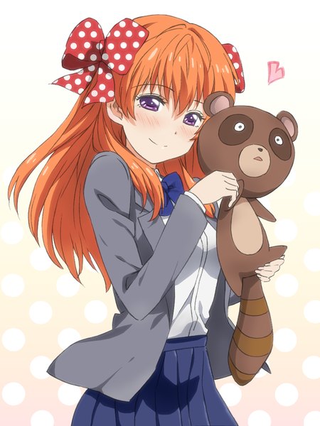 Anime picture 825x1100 with gekkan shoujo nozaki-kun doga kobo sakura chiyo ginmaru single long hair tall image blush fringe smile hair between eyes purple eyes holding orange hair polka dot polka dot background girl uniform bow hair bow