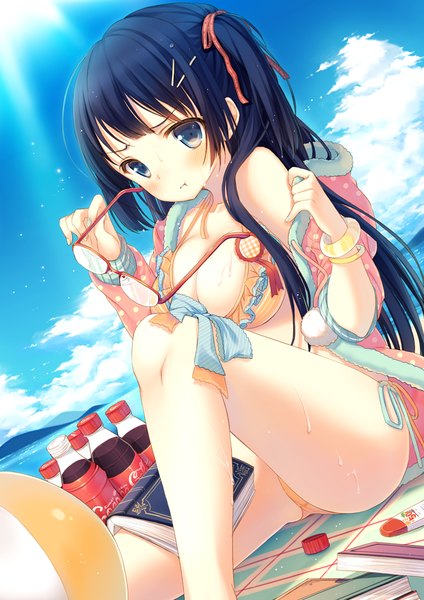 Anime picture 800x1132 with original coca-cola yamucha single long hair tall image looking at viewer blush breasts blue eyes light erotic black hair sitting twintails sunlight wet :t girl ribbon (ribbons) swimsuit