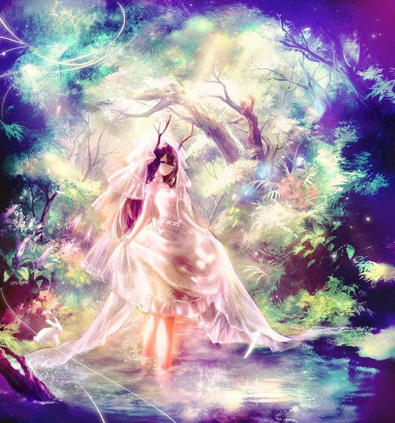 Anime picture 1000x1070 with original juexing (moemoe3345) single long hair tall image looking at viewer fringe blue eyes brown hair standing bare shoulders holding horn (horns) sunlight bare legs wet clothes sunbeam wedding girl dress