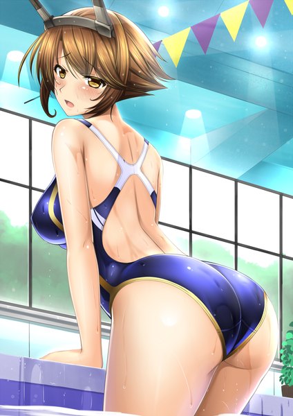 Anime picture 723x1023 with kantai collection mutsu battleship shibata rai single tall image blush short hair breasts open mouth light erotic brown hair large breasts brown eyes looking back girl hair ornament swimsuit one-piece swimsuit competition swimsuit string of flags