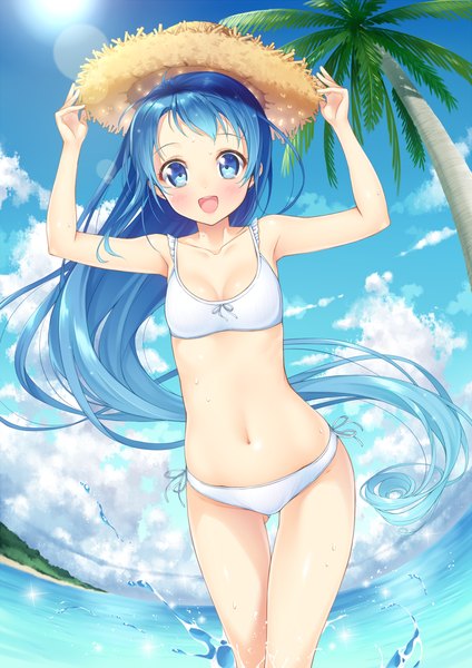 Anime picture 849x1200 with kantai collection samidare destroyer ichi makoto single tall image looking at viewer blush fringe breasts open mouth blue eyes light erotic smile standing bare shoulders holding blue hair sky cleavage cloud (clouds)