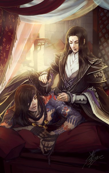 Anime picture 1013x1600 with lalaax long hair tall image black hair brown hair brown eyes signed lying traditional clothes multiple boys tattoo topless on stomach boy pillow pendant 2 boys curtains bandage (bandages) eyepatch