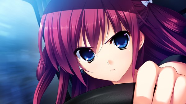 Anime picture 1280x721 with grisaia no kajitsu suou amane fumio (ura fmo) single long hair looking at viewer blue eyes wide image game cg red hair girl ground vehicle car