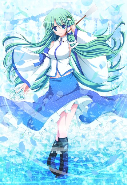 Anime picture 1102x1600 with touhou kochiya sanae fule long hair tall image blue eyes smile green hair girl skirt detached sleeves miniskirt hair tubes snake frog